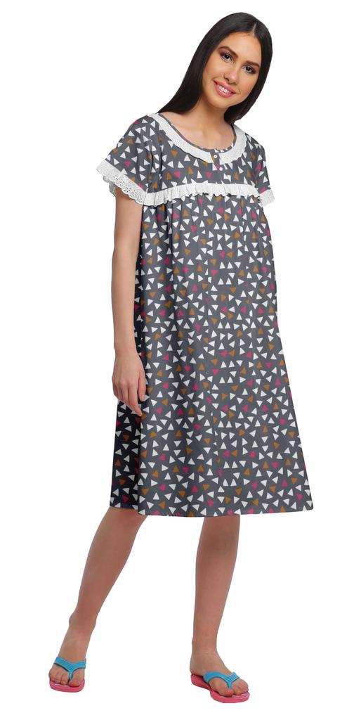 Moomaya Printed Short Sleeve Knee Length Nightdress Round Neck Sleepwear