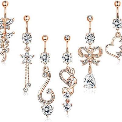 Set de Anillos para Ombligo: Anillos para el ombligo de Zirconia de 6 Piezas con Lazo y Colgante de Gota de Agua