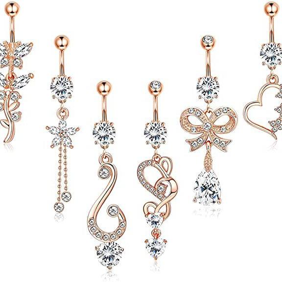 Navel Ring Set: 6-Piece Zircon Belly Button Rings with Bow and Water Drop Pendant
