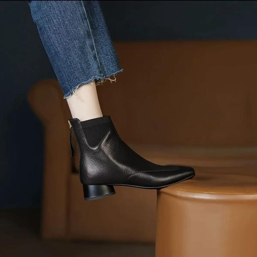 Small Leather Shoes Thick Heel Shoes Square Toe Leather Boots Women's  Autumn New Knitted Deep Mouth Women's Shoes