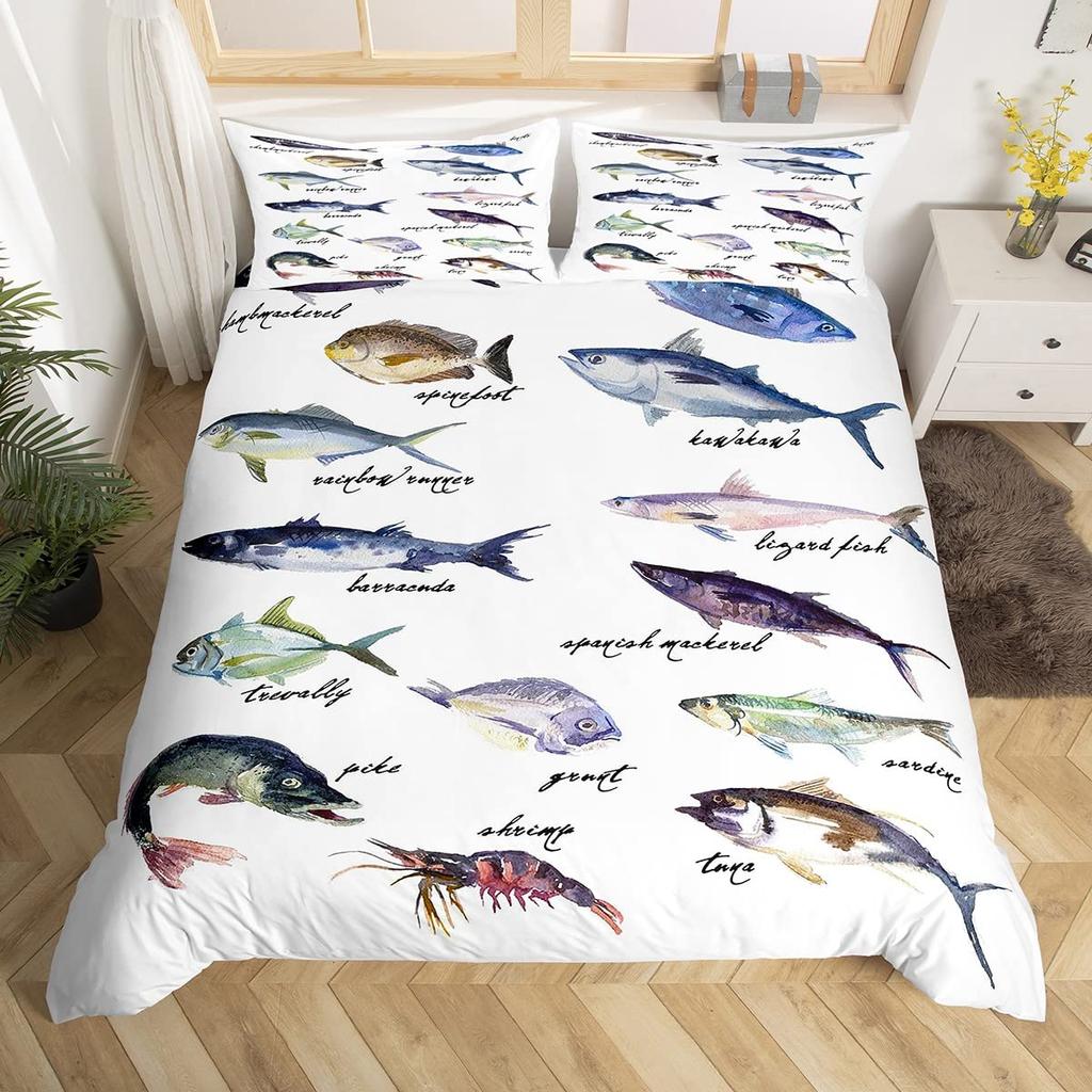 Turquoise Bass Fish King Queen Bedding Set Sea Animal Duvet Cover Hunting Theme Woodland Jungle Scene Polyester Comforter Cover