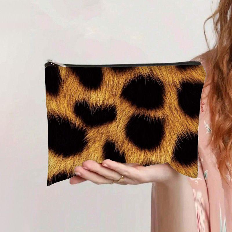 Printed leopard print canvas cosmetic bag student zipper pencil case thickened cosmetic hand-held storage bag