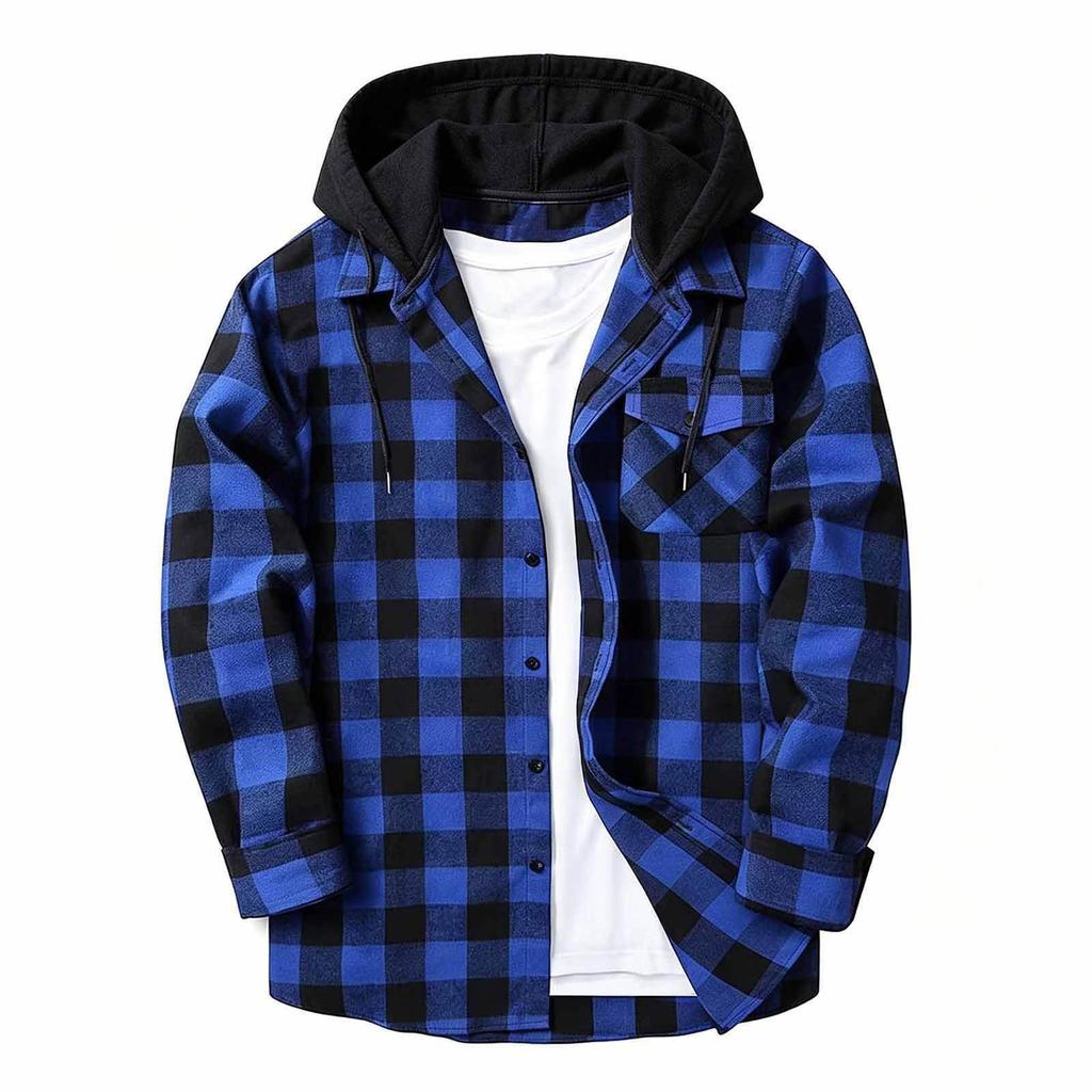 Men's Casual Long Sleeve Plaid Shirt Jacket with Hood and Pockets for Everyday Wear