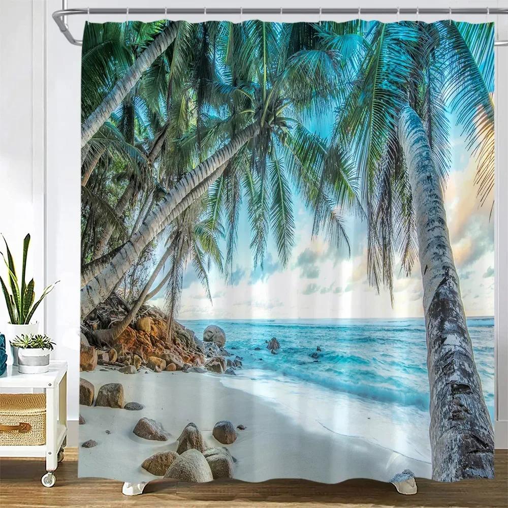 Dusk Sunset Beach Shower Curtains Tropical Ocean Palm Tree Forest Waterfall Nature Scenery Cloth Home Decor Bathroom Curtain Set