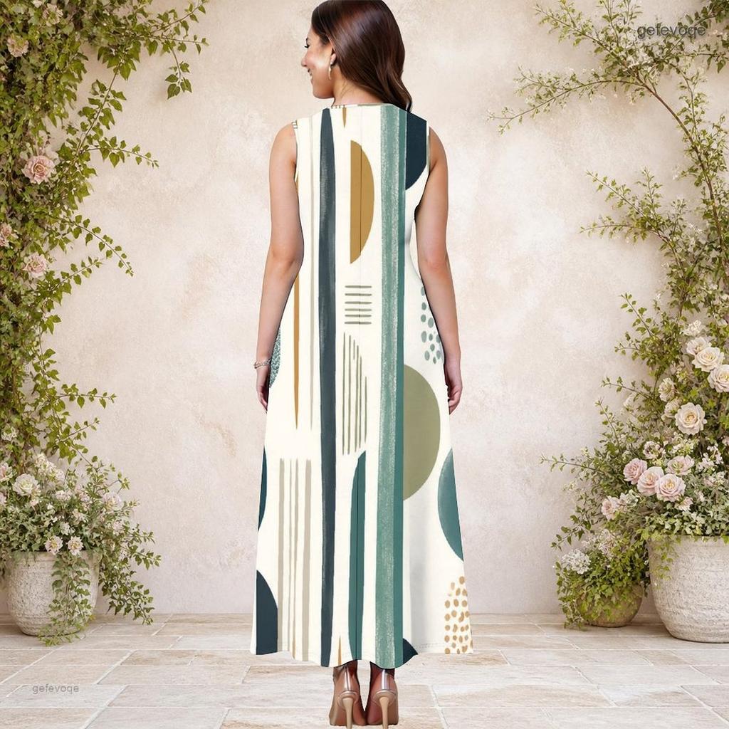 Women Plus Size Round Neck Sleeveless Geometric Printed A Line Long Dress With Side Pockets