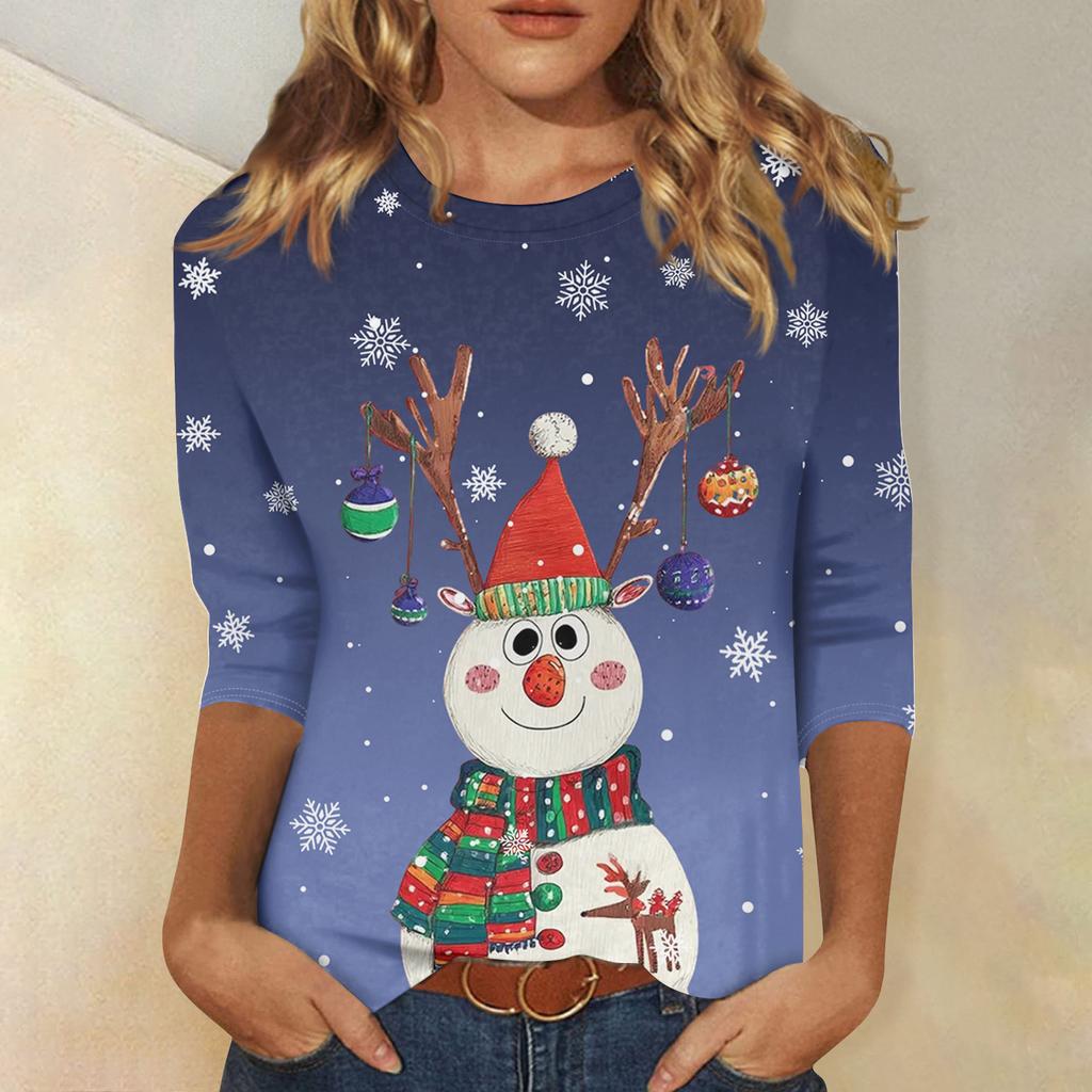 3/4-Ärmel-Shirts für Damen Druck Weihnachts-T-Shirts Blusen Lässig Übergröße Basic-Oberteile Pullover