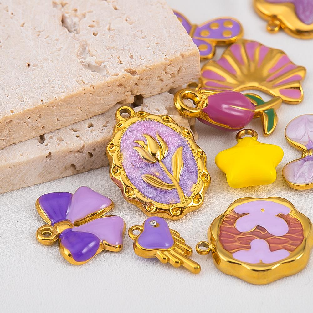 2pcs Stainless Steel 304 Multi-Design Enamel Pendant Lavender Purple Series For DIY Necklace Earrings Jewelry Findings Accessory