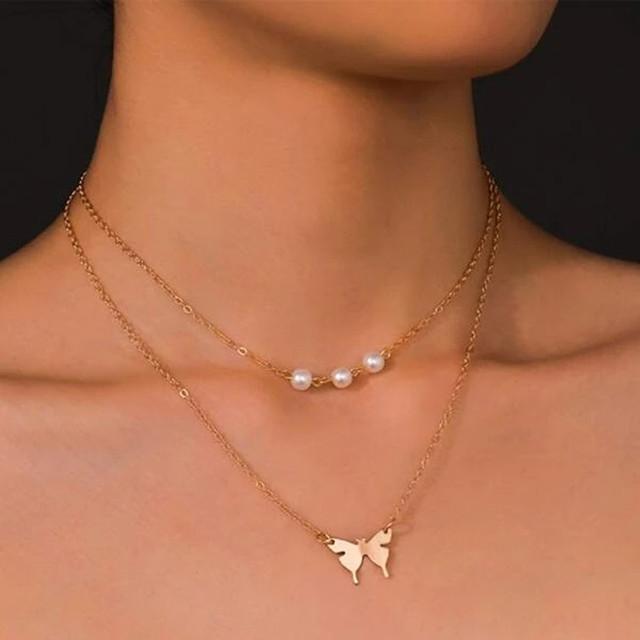 Fashion Trend Personality Double Layer Imitation Pearl Butterfly Pendant Necklace Clavicle Chain Party Jewelry Exquisite Gifts