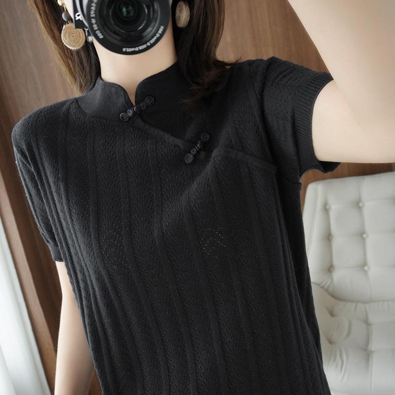 

Мягкая новая китайская рубашка-основа из чистого хлопка с полым воротником-стойкой для женщин, летняя трикотажная футболка с коротким рукавом, новый стиль XXL чёрный