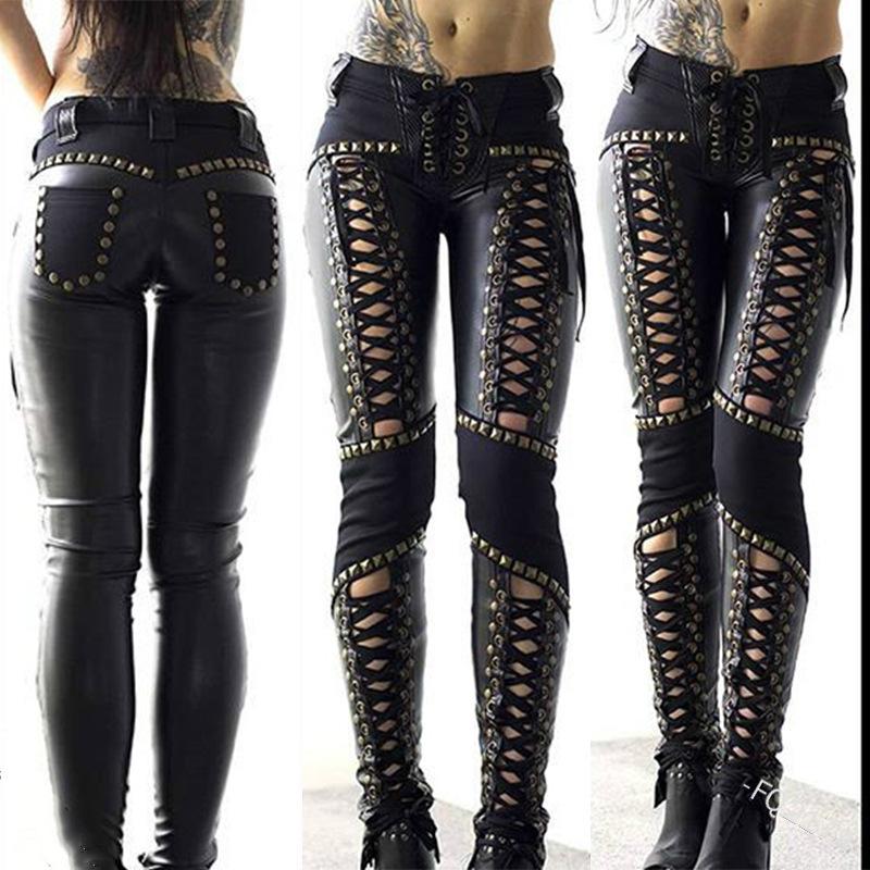 

Punk Rock Faux Leather Lace-up Skinny Pants for Women XL