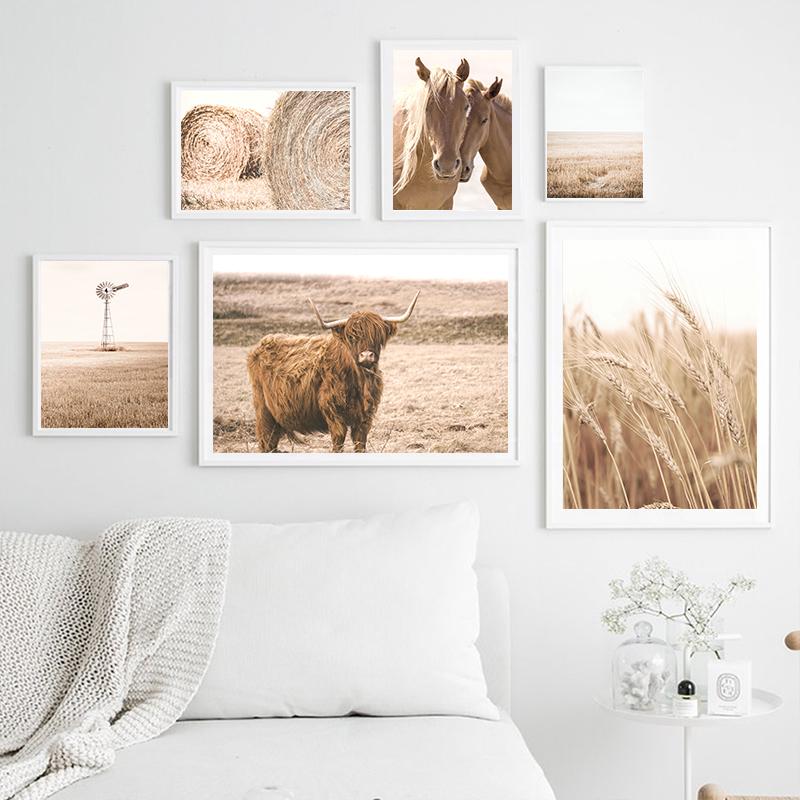 Weizen Kuh Pferd Grünland Landschaft Wand Kunst Poster und Drucke Landschaft Druck Nordic Malerei Dekorative Bild Home Dekoration