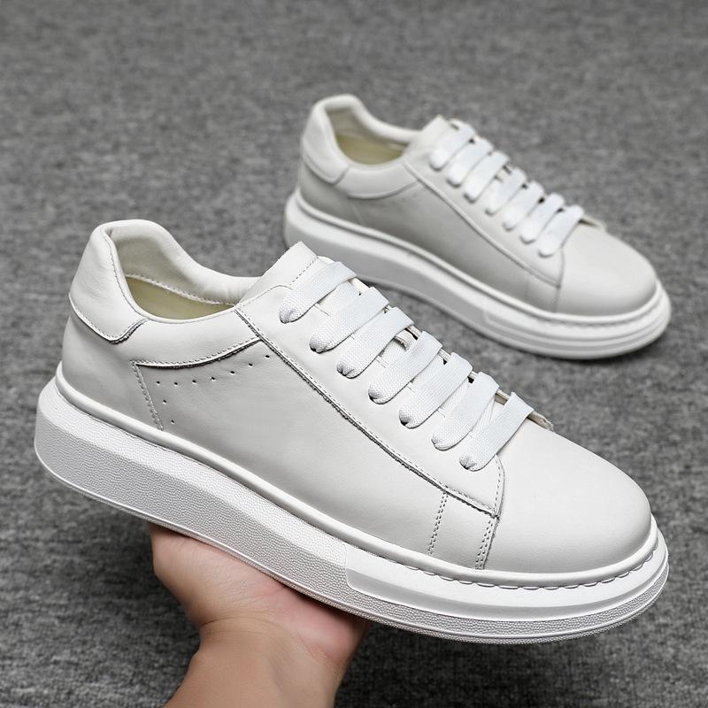 Lei Jun's White Cowhide Height-Increasing Casual Sneakers - Men's Versatile and Stylish Business Shoes