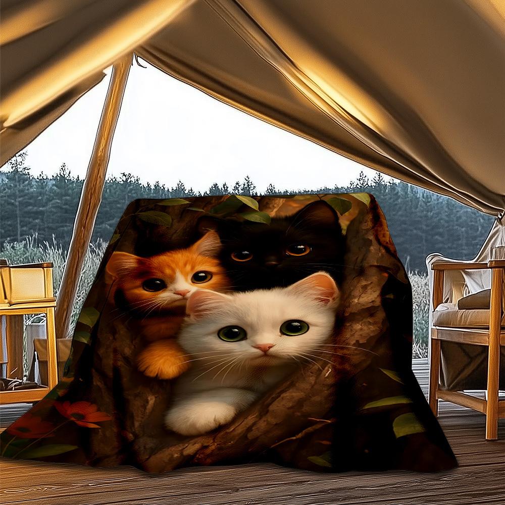 1pc Cat Treehouse Outdoor Flannel Blanket Gift For Boys Girls Adults, Family Friends