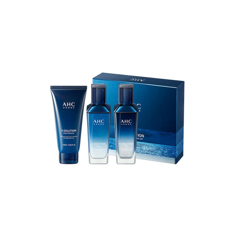 AHC men s five-in-one marine revitalizing skin care set, hydrating, moisturizing and cleansing, toner + lotion коричневый
