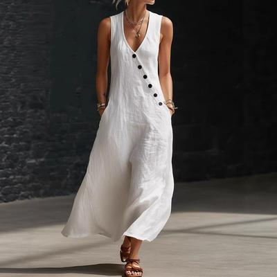 V-neck Sleeveless Buttoned Vest Long Dress - Women's Casual Summer Holiday Style