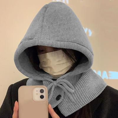 Women Winter Hat Scarf Set Balaclava Hat with Drawstring Slouchy Warm Hooded Scarf Knitted Pullover Hat Costume Accessories