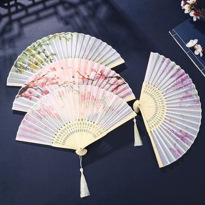 Folding Fan with Traditional Chinese Style, Suitable for Hanfu and Qipao, Women's Fan with Tassels and Floral Design, High Aesthetic Value, Small