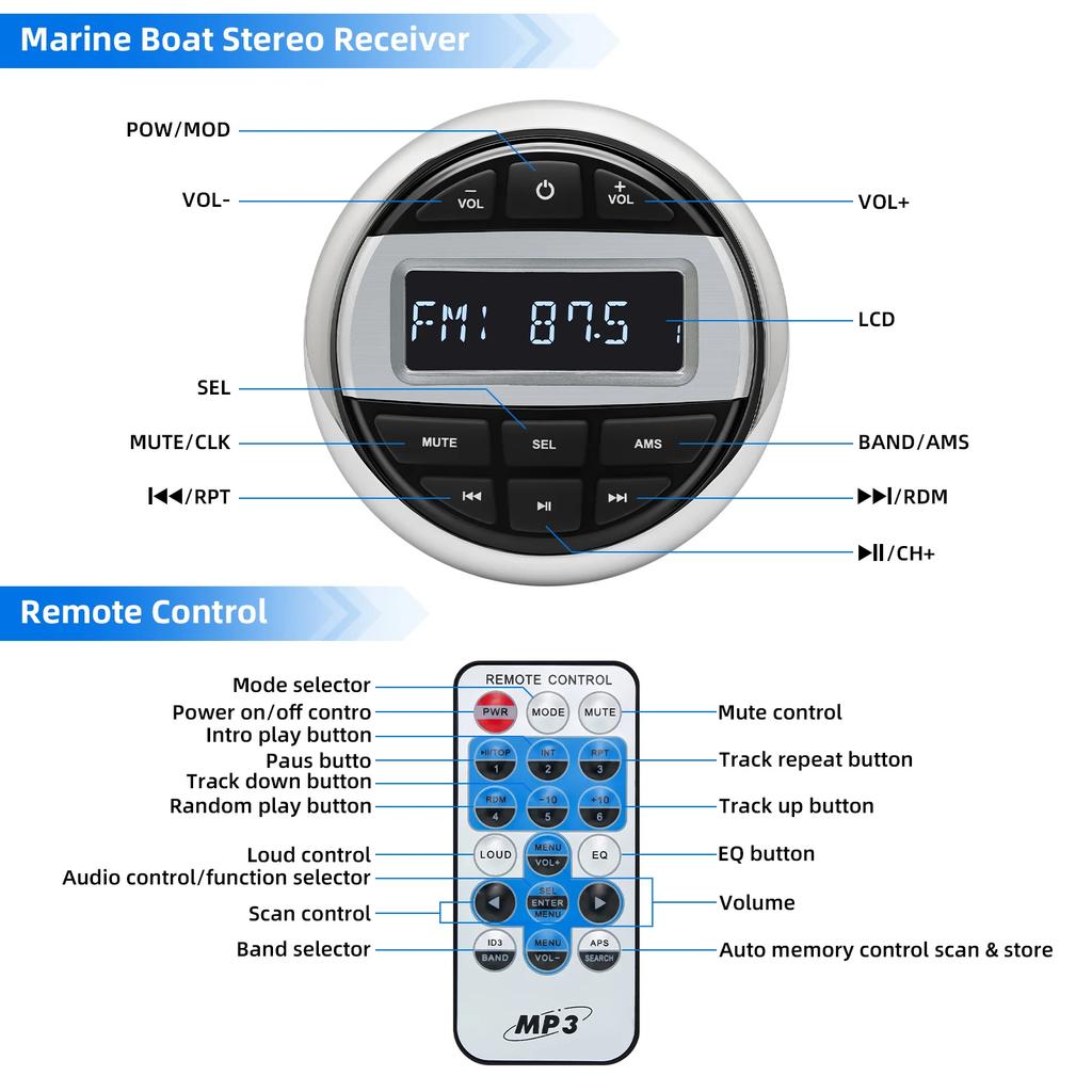 Marine Boat Radio Media MP3 Stereo Radio FM AM Receiver Bluetooth-compatible Media Audio Player For Yacht RV ATV UTV SPA RZR