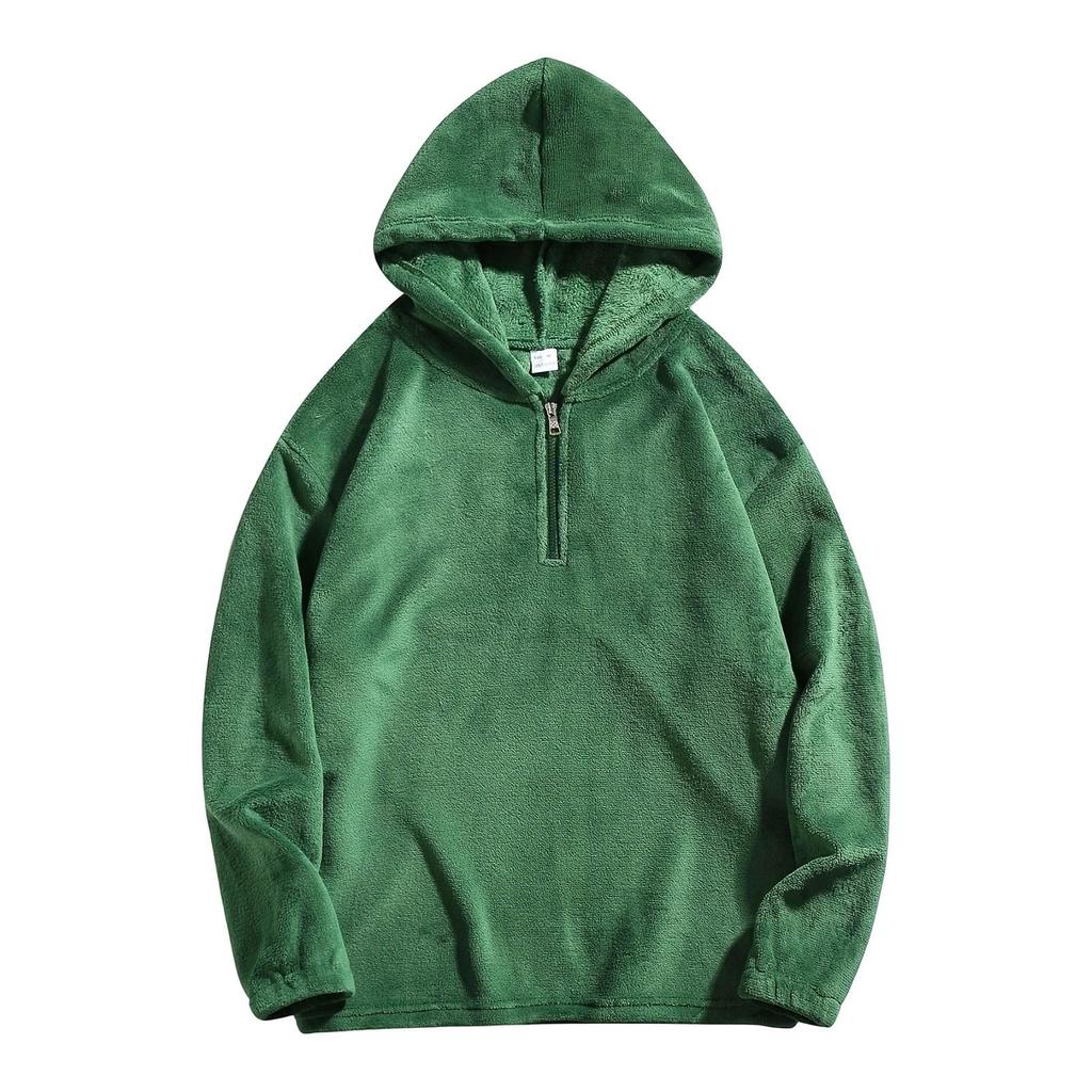 Men's Casual Half-zipper Long-sleeved Solid-color Sporty Hooded Coral Fleece Sweatshirt