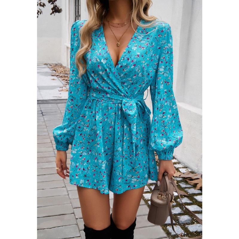 Women's Printed Long Sleeve High Waisted Strappy Jumpsuit Shorts