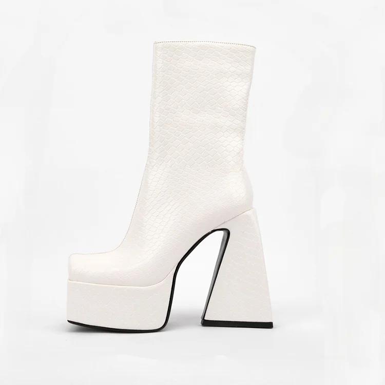 Fashion New Stone Pattern Side Zipper Thick Heel Mid-calf Boots Women Square Headed Waterproof platform Short Plush Winter Boots Size 45