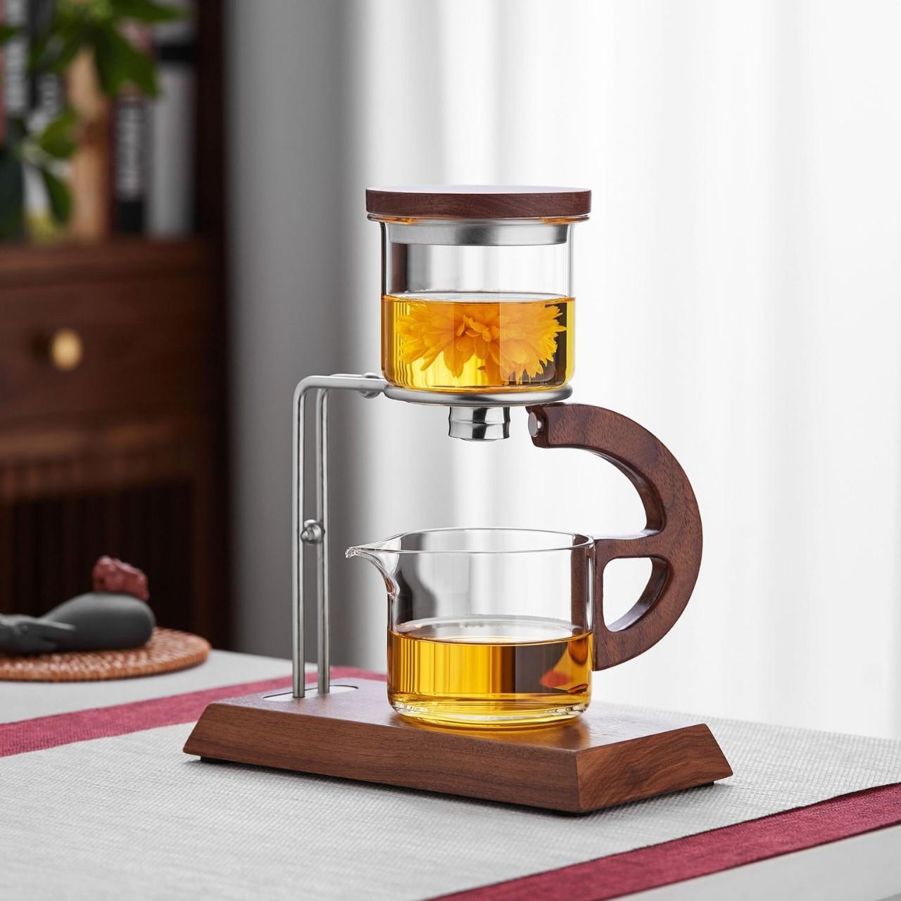 High Borosilicate Glass Lazy Automatic Tea Brewer Office Anti-scald Walnut Wood Tea Maker Tea Water Separation Magnetic Set