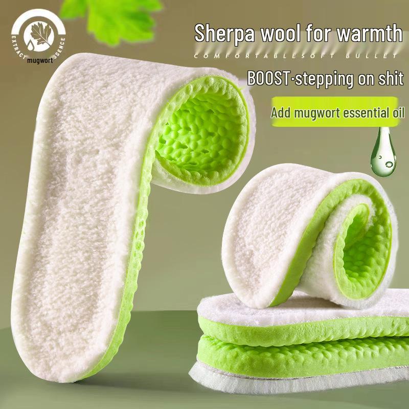 PU Winter Step-On-Comfort: Men's & Women's Velvet-Lined Wool Insole with Sweat-Absorbing Mugwort and Sports Shock Absorption
