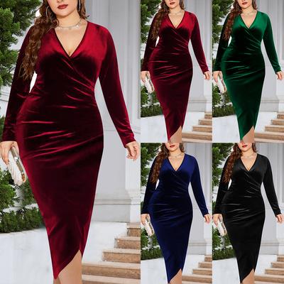 Plus Size Long Sleeve Velvet Bodycon Dress Sexy Ruched Deep V Neck Cocktail Party Formal Gown