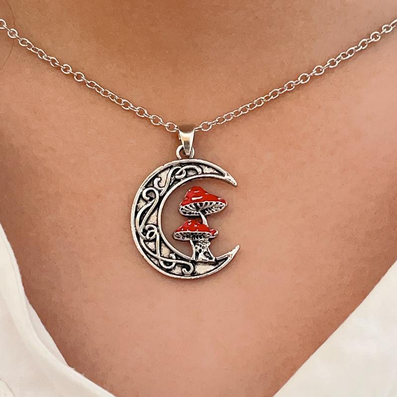 Unique Alloy Fashionable Moon And Cute Red Mushroom Pendant Necklace All For