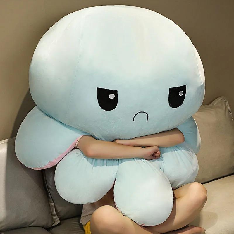 Large Reversible Octopus Plush Toy, Creative Double-Sided Flipping Expression Stuffed Animal, Cute Cuddle Doll