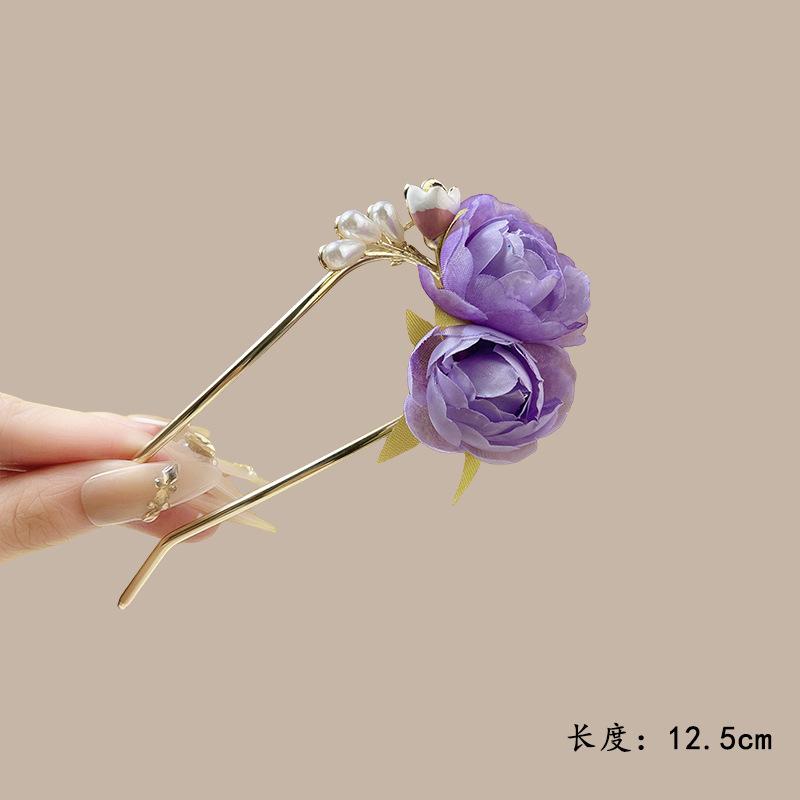 Elegant Flower Hairpin For Women Sweety Peony U Shaped Hair Stick Girls Fashionable Hair Accessories Gauze Floral Hair Pin NEW