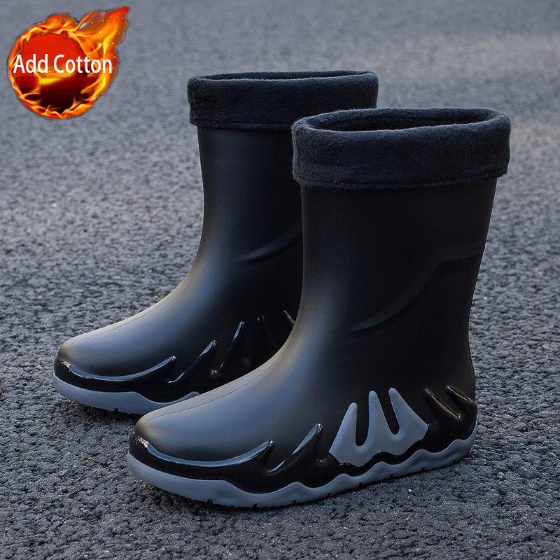 Young Motorcycle Fleece-lined Winter Men's Rain Boots Print Biker Warm Pvc Waterproof New Fishing Work Original Mud Male Shoes
