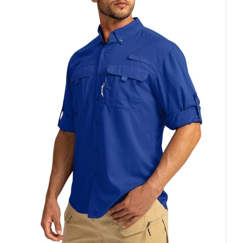 Mens Casual Solid Color Long Sleeve Fishing Button Up Shirt