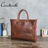 CONTACT'S Genuine Leather Handbag Men Retro Quality Large Capacity Briefcase Male Metal Zipper Daily Office Travel Laptop Bag