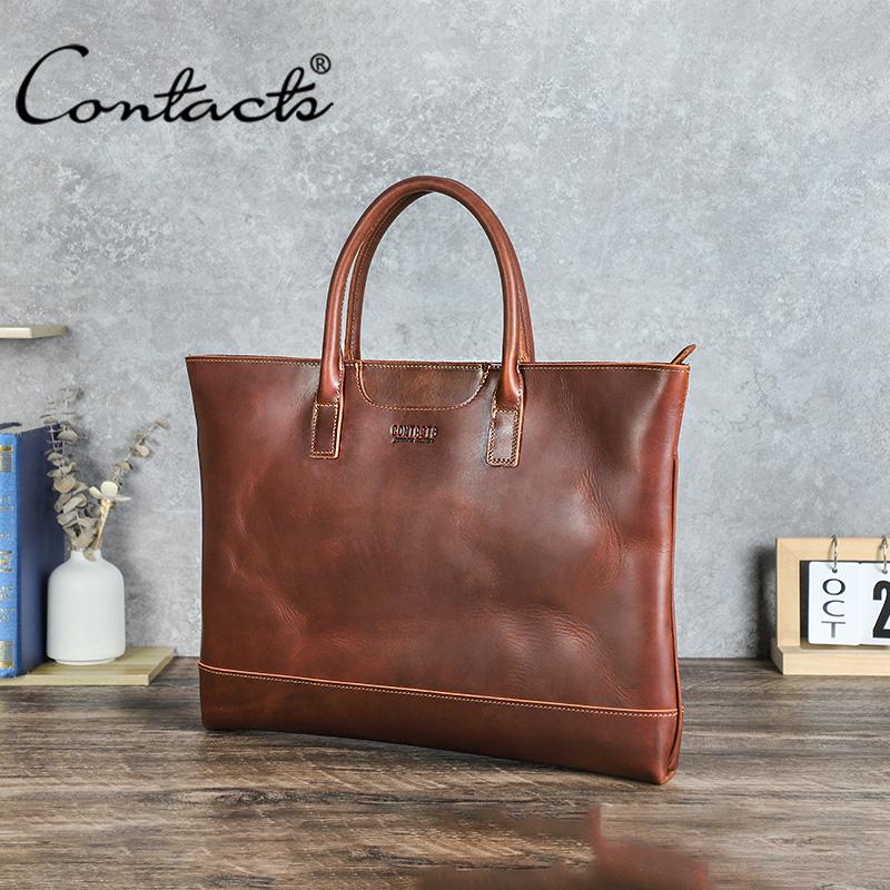 CONTACT'S Genuine Leather Handbag Men Retro Quality Large Capacity Briefcase Male Metal Zipper Daily Office Travel Laptop Bag