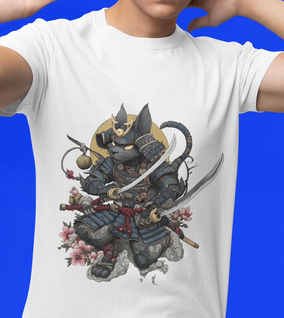 Samurai Cat Cotton T-Shirt: Manga Anime Art Tee