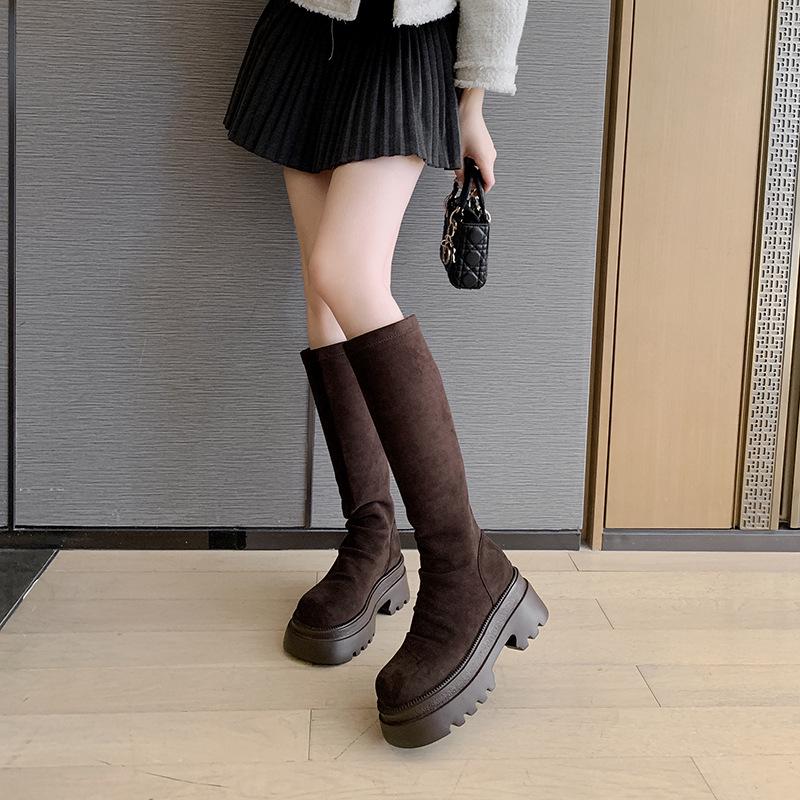 Botas Retro de Ante para Mujer por Encima de la Rodilla con Caña Alta Elástica y Aumento de Altura Interior