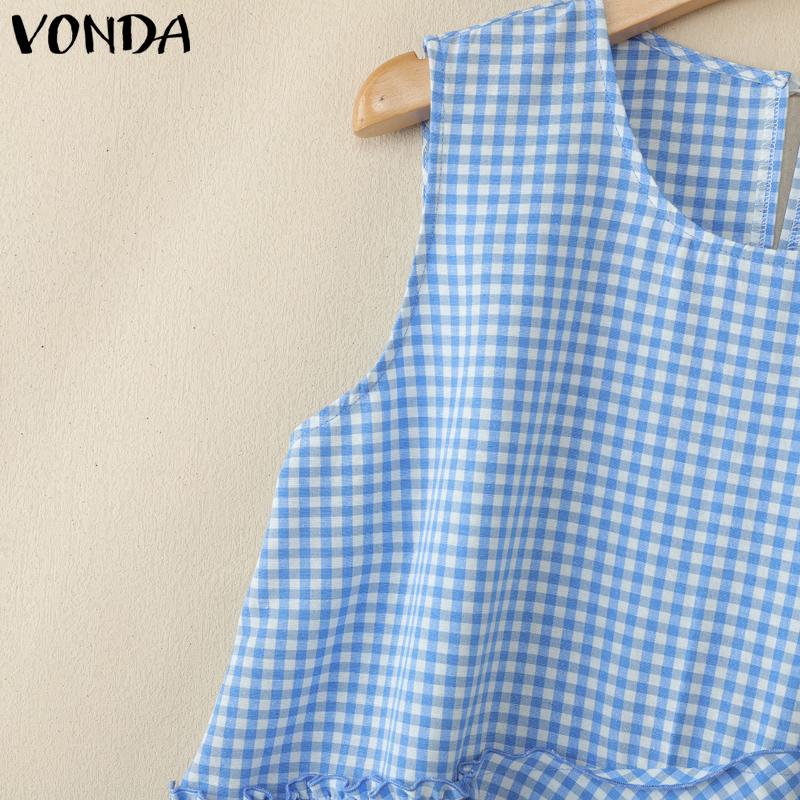 VONDA Sommer Damen Ärmellos Unregelmäßiger Rüschensaum Karomuster Lässige Tanktops