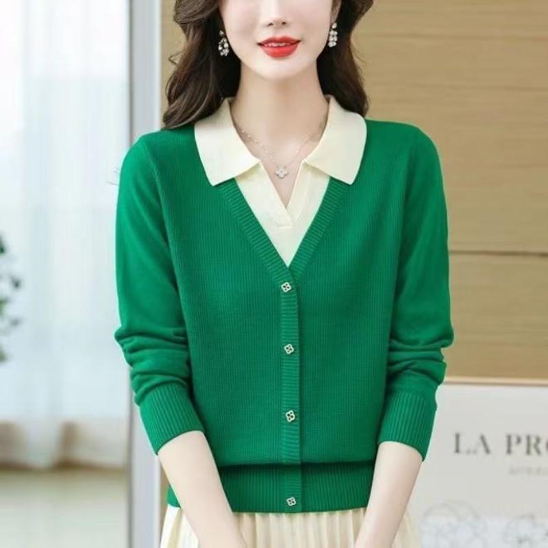 Fashion Color Block Fake Two Pieces Sweater Women Autumn and Winter Polo Collar Casual Thin Office High Quality All-match Top