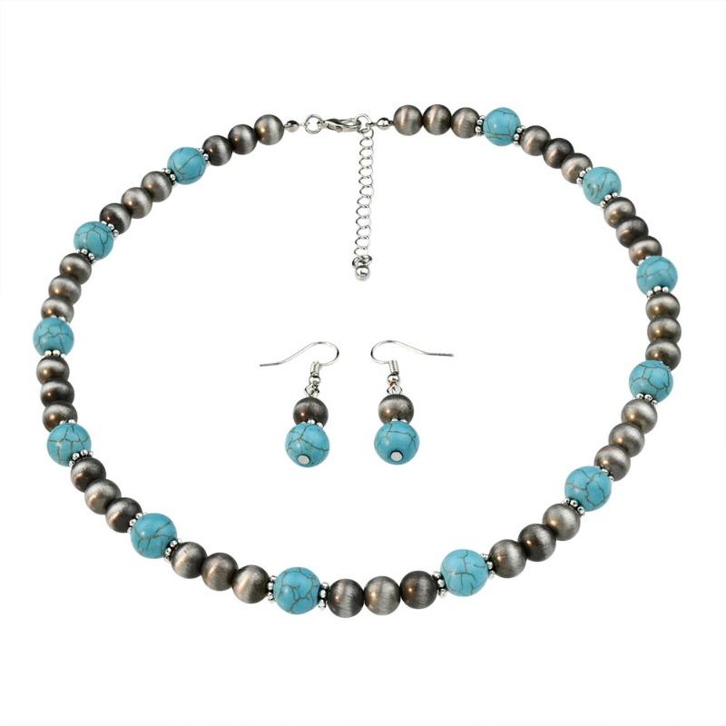 GemChic Women's New Vintage Turquoise Beads Chain Necklace Earrings Two Piece Set Ethnic Birthday Christmas Jewelry Gift