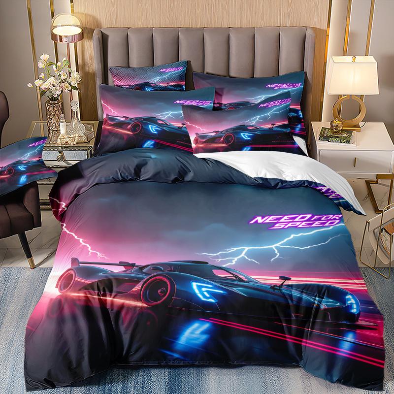 3Pcs Art Style 3D Laser Car Pattern Duvet Cover Set (1 * Duvet Cover + 2 * Pillowcases Core Not Included) Laser Car Printed