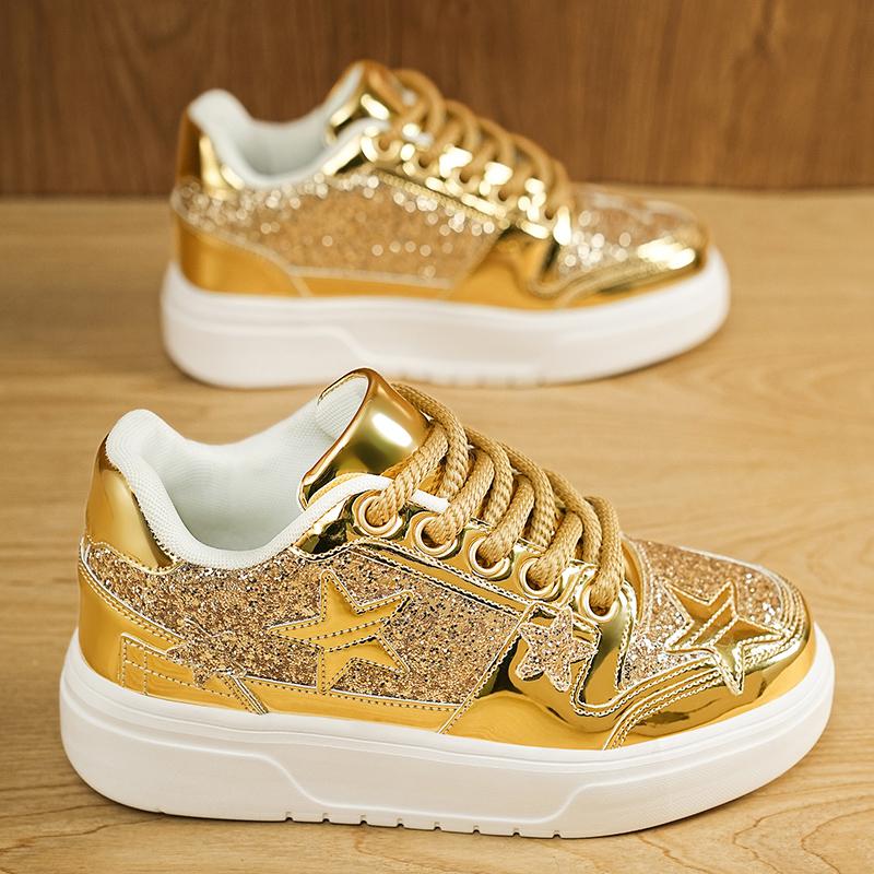 Men Sparkling Shoes Couple Lightweight Sneakers Red Gold Women’s Low Sneakers Casual School Student Plus Size