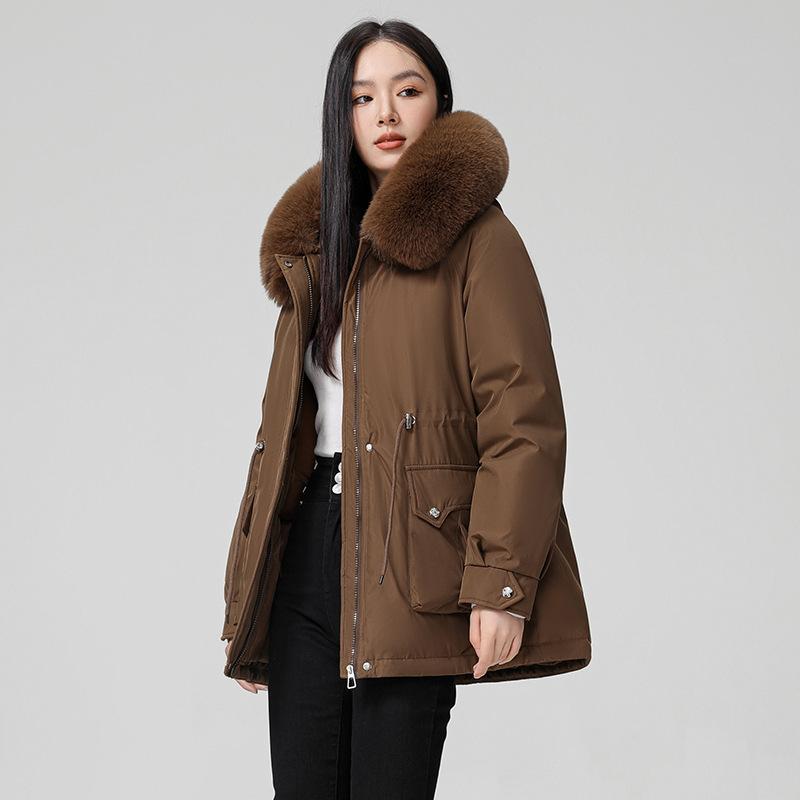 Women's Hair Collar Hooded Windproof Lightweight Thickened Fluffy Warm Warm Cold Medium-length Casual Sports Jacket Parka Cotton Jacket