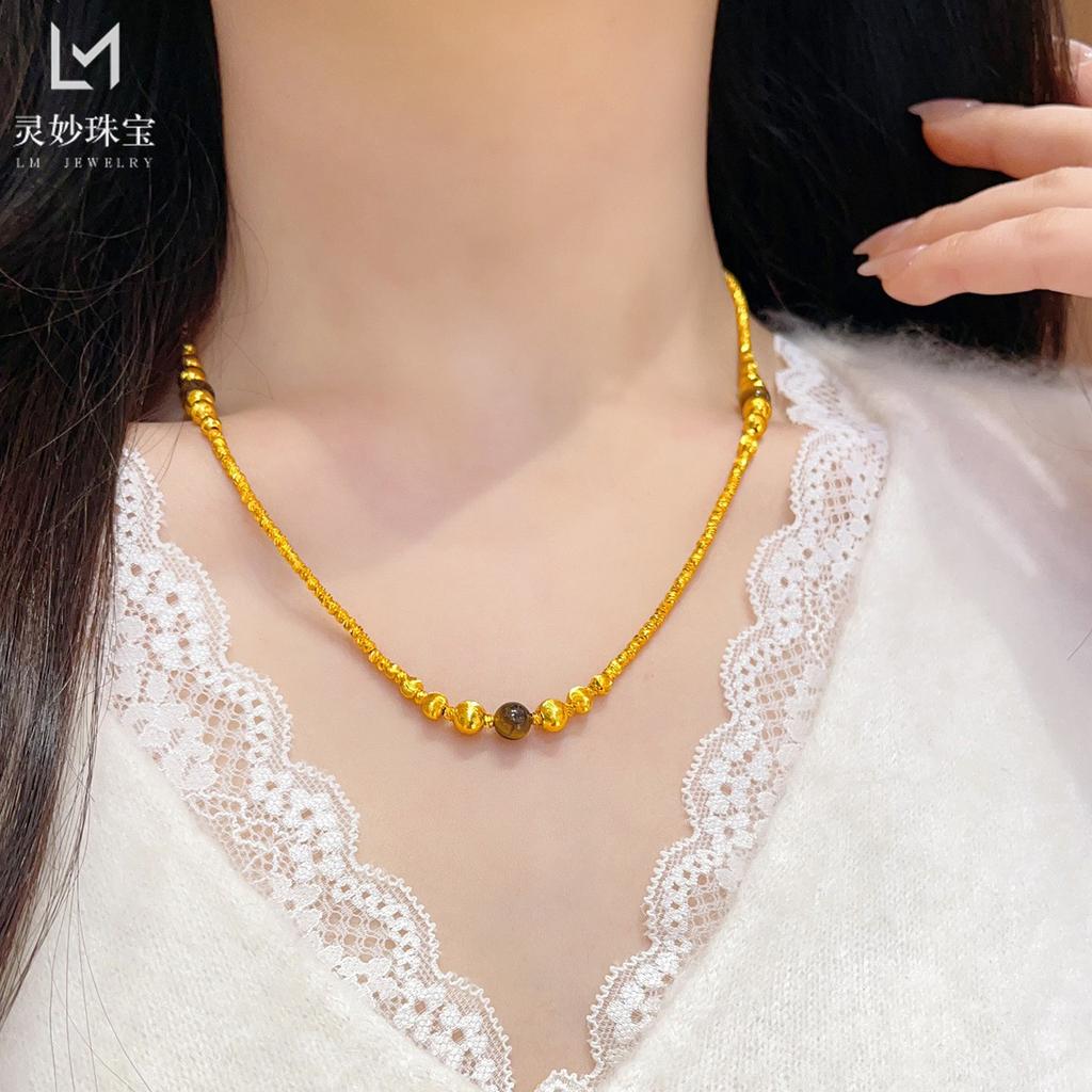 Cat Eye Fortune Bead Necklace & Bracelet Women's 24K Gold AU999 -Light luxury cat eye style, low-key glittering, for office days