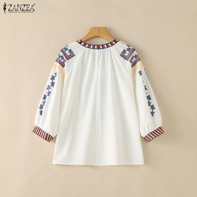 ZANZEA Women Boho Print Summer Casual Round Neck 3/4 Sleeve Blouse