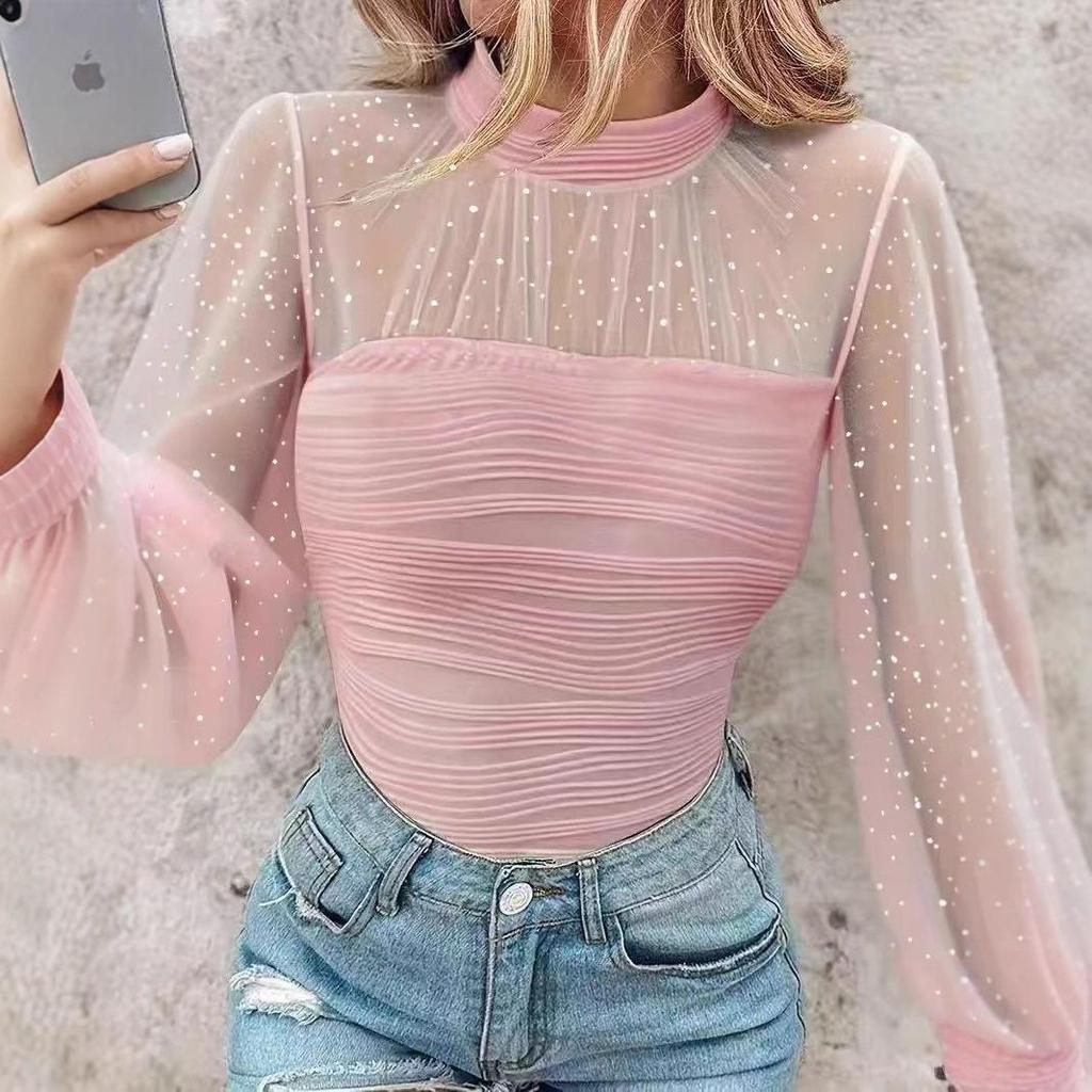 2026 Spring/Autumn Pearl Mesh Splicing Long Sleeve Top
