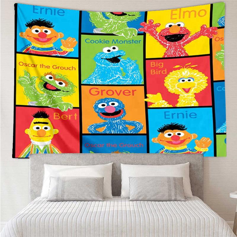 Sesame Street Print Tapestry, Backdrop, Easy Setup, Ideal for Bedroom, Office & Living Room, with Aesthetic Wall Hanging Decor.