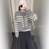 Crew Neck Contrasting Striped Knitted Cardigan Autumn and Winter New Casual Loose Short Sweater Jacket Women