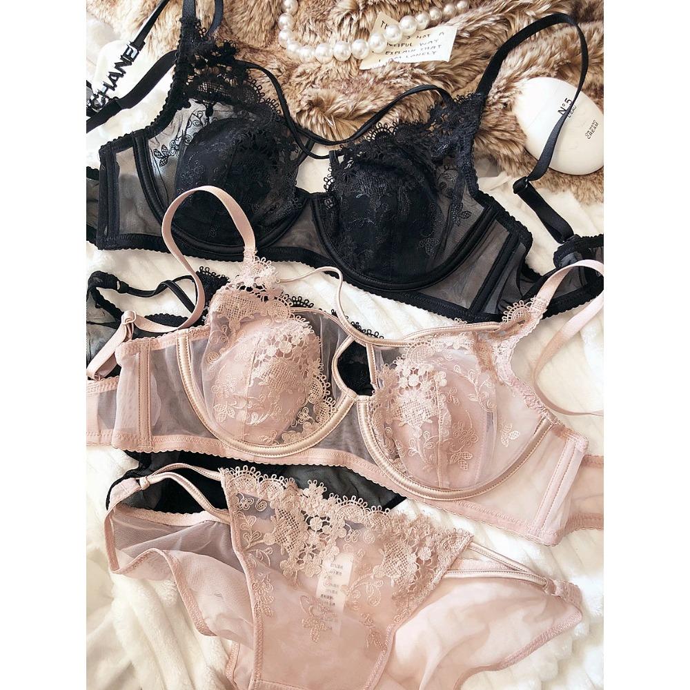 Sexy Duté Dámske Spodné Prádlo Čipkovaná Kvetinová Výšivka Francúzsky Ultra Tenký Košíček Push Up Podprsenka Set Nastaviteľné Ramienka Podprsenka Nohavičky Sety