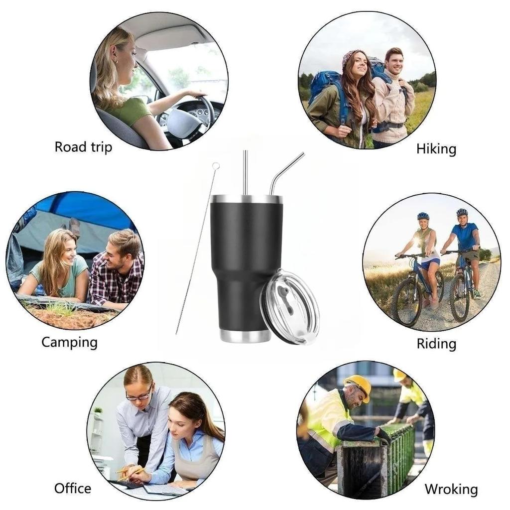 Gobelet 30 oz Double paroi Acier inoxydable Isolé sous vide Mug de voyage avec couvercle anti-éclaboussures Paille en métal et brosse